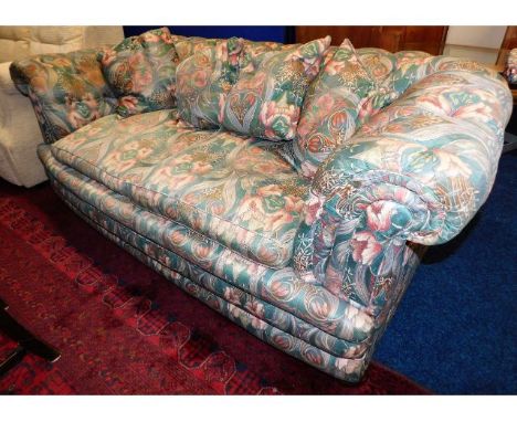 A late Victorian button back drop end sofa with William Morris style upholstery, 74in wide