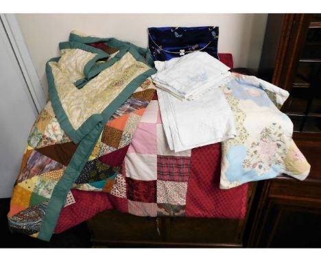 Two patchwork double bedspreads, one sewn by Canon Pyon sewing group, Herefordshire, in 2000 &amp; other textiles