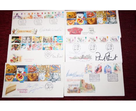 First day covers signed by Barbara Windsor 1985, Steve Way (With sketch) cartoon editor off punch, Tim Rice 1993, Patrick Ste