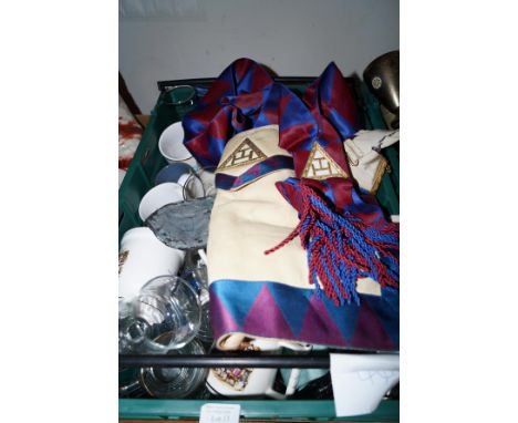 Large group of masonic glass ware &amp; mugs together with masonic aprons &amp; sash 
