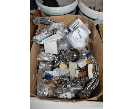 Box containing general kitchen ironmongery to include mixer taps, plugs, slotted basin waste etc