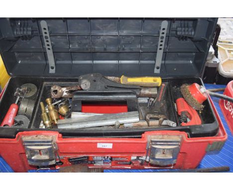 Toolbox and contents, wire brushes, pipe cutters, adjustable spanners etc