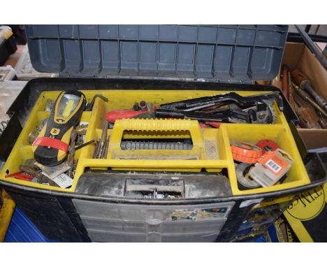 Toolbox and contents, pipe cutters, hole saw, fuses etc