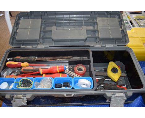 McAllister toolbox and contents, spanners, drill bits, chalk lines etc