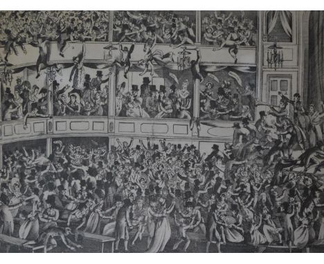 A framed and glazed lithograph titled 'A view of the shocking confusion at Saddlers Wells' published in 1807 by G. Thompson. 