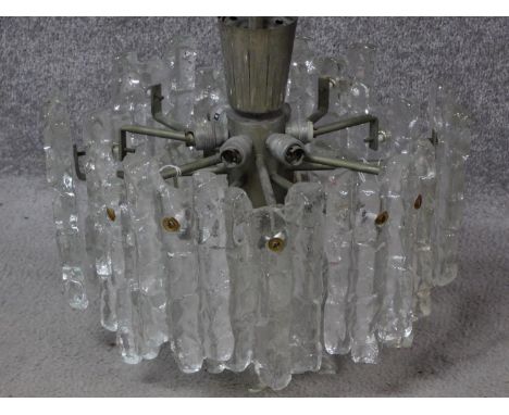 A 1960's Kalmar Franken KG seven-flame vintage ice glass hanging lamp. H.80 W.36 D.36cm 