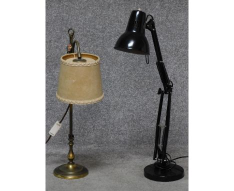 A black enamel vintage anglepoise lamp and an antique brass adjustable arched table lamp. H.75cm (tallest) 