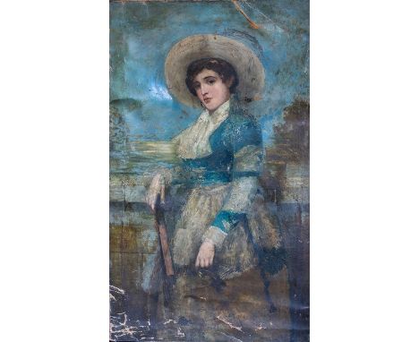 Spanish School, late 19th Century, portrait of a young woman, standing three quarter length in a wide brimmed hat and holding