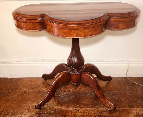 An early Victorian Irish burr walnut and mahogany inlay folding card table, circa 1840, shamrock shape fold-over top satinwoo