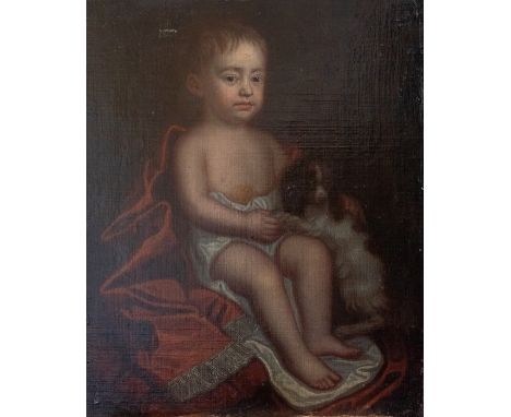 Follower of Robert Byng, portrait of a young boy, seated full length, with his pet spaniel, oil on canvas laid down on board,
