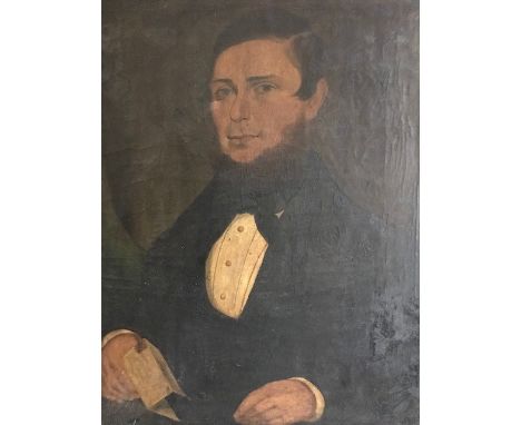 British School, mid 19th Century, portrait of a gentleman, half length, holding a letter, dated April 11, 1856 on the letter,