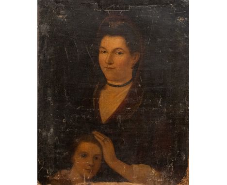 British School, 18th Century, portrait of a lady , half length, wearing a red cloak, her hand resting on the the head of a ch