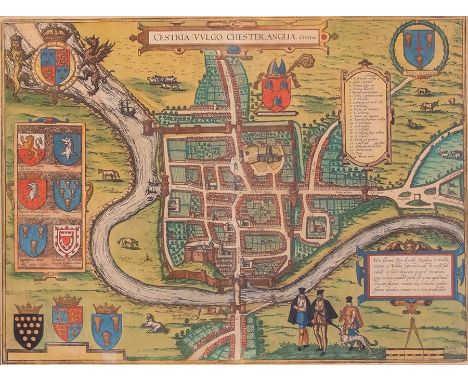 Georg Braun &amp; Frans Hogenberg. Chester, bird's eye plan, 1581 or later, hand-coloured copper engraving on laid/chain-line