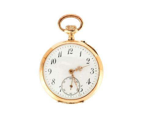 A 14K Continental Pocket Watch, with engine-turned case and white enamel dial with Arabic numerals and subsidiary seconds dia