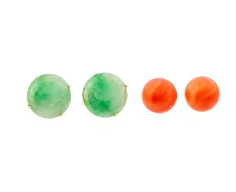 A pair of jade Earrings, each claw set round mottled green and white cabochon, approx. 15mm diameter with yellow metal mounts