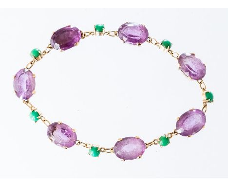 A 9ct amethyst and turquoise bracelet, claw set seven oval-cut amethyst joined by oval links to seven alternately set round t