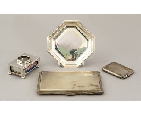 A collection of smoking related silver requisites, to include a pocket cigarette case, ashtray, a vesta sleeve and a pocket v