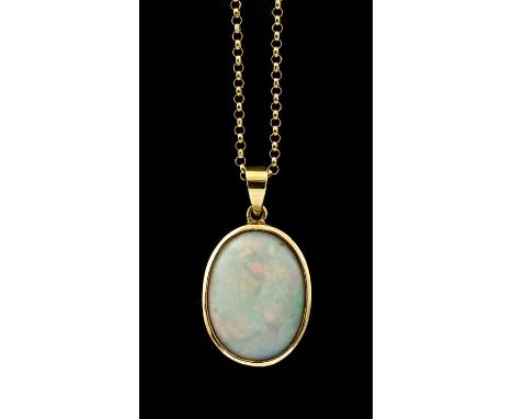 **REOFFER IN JAN ATTIC SALE BISHTON £150-£200** An 18K opal Pendant, the oval cabochon approx. 19mm x 14mm displaying orange,