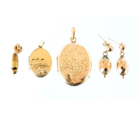 A 14ct yellow gold oval locket, engraved to the front hanging basket of foliage with ribbon surmount, 8.8g together with a pa