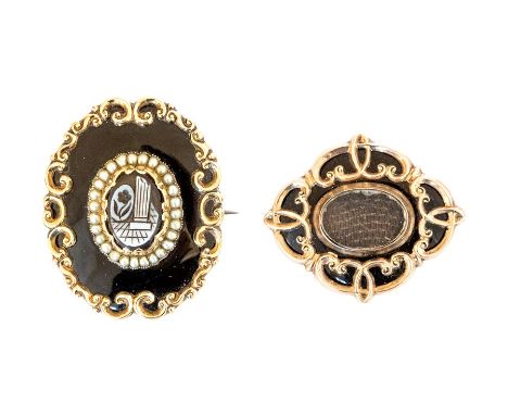 Two 19th Century mourning brooches, each yellow metal and of cartouche shape incorporating black enamel, one with a central o
