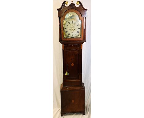 A George III mahogany and satinwood 8-day longcase clock, circa 1800, swan neck scrolling pediment with brass inlay centred w