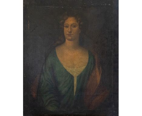 Follower of Sir Godfrey Kneller, portrait of a lady, half length in a blue dress and a gold wrap, oil on canvas, 76 by 64, un