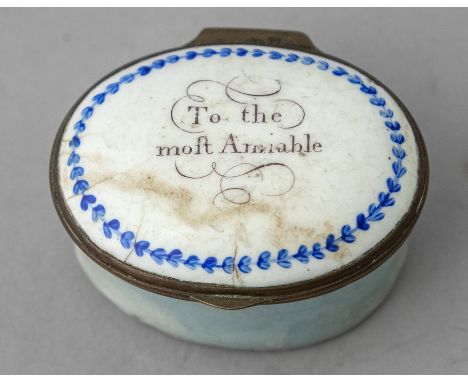 A late 18th Century Bilston oval enamel patch box, circa 1790, the cover with motto To the Most Amiable, with 4cmCondition: r