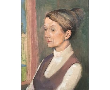 George Jardine (British,1920-2003), portrait of June Furlong, signed l.r., oil on board, 21 by 17cm, framedNote: Artist Resal