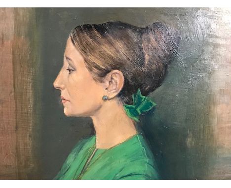 George Jardine (British,1920-2003), portrait of June Furlong, signed l.r., oil on board, 27 by 34cm, framedNote: Artist Resal