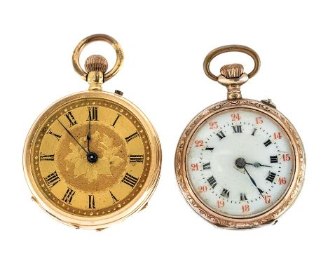 A Victorian 14K Pocket Watch with engine-turned case, gilt dial with    leafage engraved detail and Roman numerals to the cha