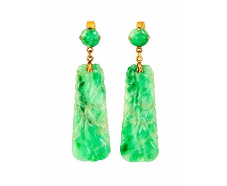 A pair of 9ct jade Earrings each with  tapered rectangular carved jade drop depicting gourds suspended from a polished jade d
