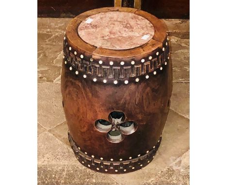 A late 19th Century Chinese marble inlay hardwood table, in a circular barrel manner, marble inlay above twinned studded moth