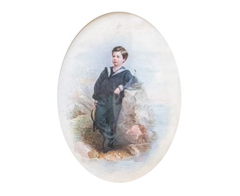 I. Moller (German, late 19th Century), portrait of a sailor boy, full length, in a coastal landscape, signed and dated 1874, 