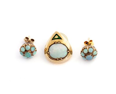 A pair of opal cluster Earrings each set eight round opal cabochons with blue, green, purple fire, gold mounts, centre stone 