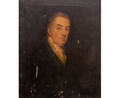 Follower of Sir Henry Raeburn, portrait of a gentleman, half length, in a blue coat and white stock, oil on canvas, 76 by 63c