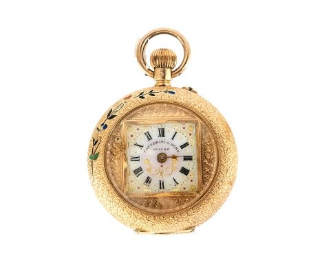 Fattorini & Sons, a 14K Swiss keyless wind Fattorini and Sons Pocket Watch, the textured case with enamelled flower and butte