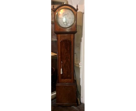 A 19th Century mahogany domestic regulator longcase clock, arched case with finials, 30cm circular painted dial with two subs