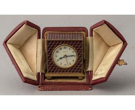 Zenith, a circa 1920's Zenith Art Deco travel timepiece, gilt metal case two-tone purple enamel geometric square case, 3.5cm 