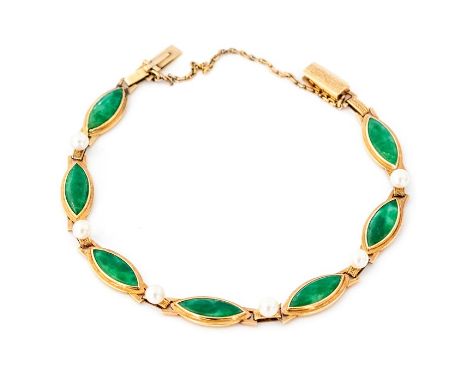 A 14K jade and pearl Bracelet of seven marquise shape jade links alternated with pearl set link, rectangular box clasp and sa