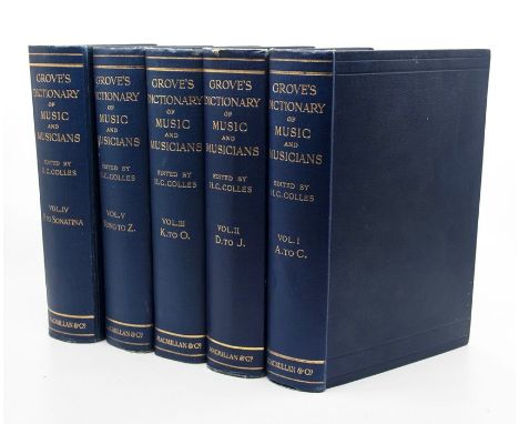 Colles, H. C. (Ed.). Grove's Dictionary of Classical Music, third edition, in five volumes, London: Macmillan, 1929. Octavo, 