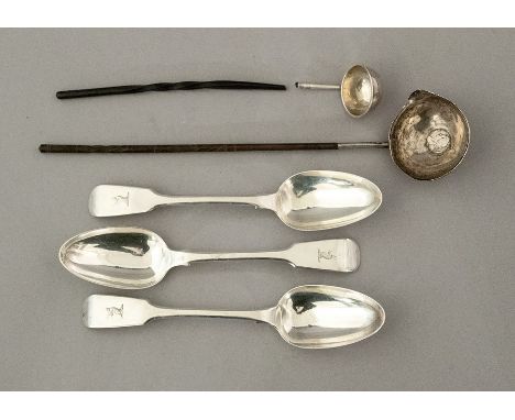 A set of three mid Victorian fiddle pattern table spoons, maker Samuel Hayne, London 1864, together with a silver punch ladle