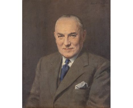 Frank S. Eastman (British, 1878-1964), portrait of a gentleman, half length in a grey suit, signed and dated 1954 u.r., oil o