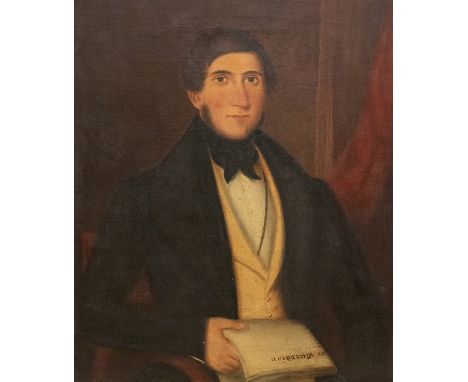 British School, circa 1840, portrait of a young man, half length holding a newspaper, oil on canvas, 75 by 52cm, gilt frame&n