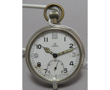 An Omega open-faced World War II pocket watch with a white enamel face and arabic numerals.  5 cm wide.(1)Condition: In good 