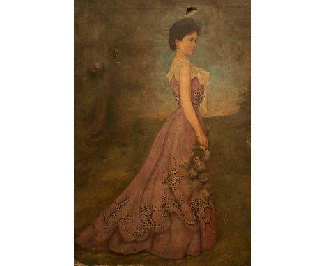 Continental School, circa 1890, portrait of a young lady, full length in a lilac dress and holding chrysanthemums, oil on can