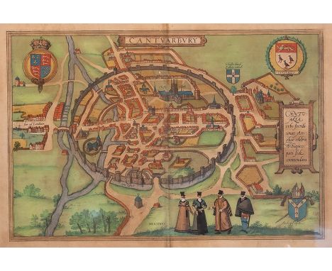 Georg Braun &amp; Frans Hogenberg. Canterbury, bird's eye plan, 1588 or later, hand-coloured copper engraving on laid/chain-l