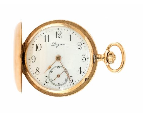 Longines, a Longines 14K gold keyless wind full Hunter Pocket Watch, the white enamel dial with Arabic numerals and subsidiar