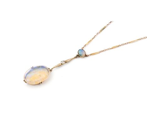 **REOFFER IN JAN ATTIC SALE BISHTON £150-£200** A 9ct opal Necklace with fancy fine link suspending oval shape opal cabochon 