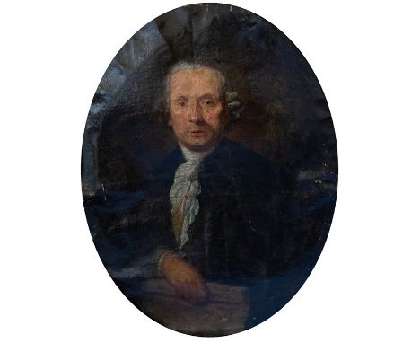 British School, 18th Century, portrait of a gentleman, possibly an architect, half length, holding a scroll of paper, oil on 