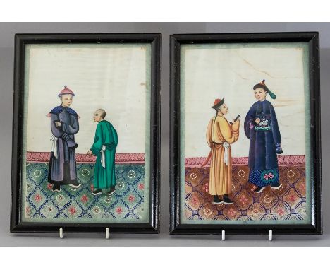 A pair of 19th Century Chinese rice paper illustrations, each depicting a man and his manservant in traditional Chinese costu